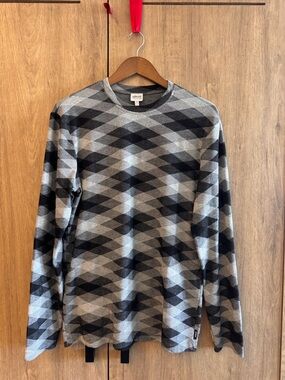 Armani Collezioni Men’s Grey and Black Geometric Crewneck Long Sleeve Sweater XL